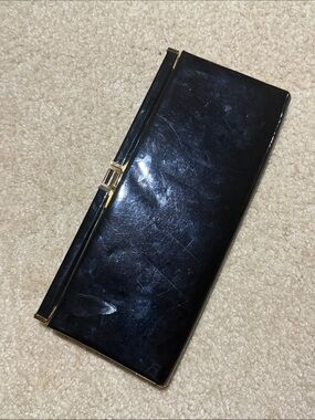 Classic Black Leather Wristlet Clutch with Gold Trim
